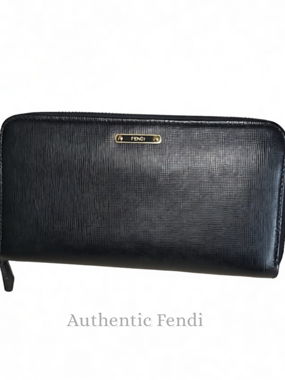 Fendi Black Textured Leather Zip Wallet with Gold Accent